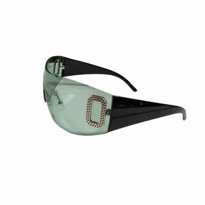 Y2K Rimless Shield Wrap Sunglasses Green Tint Rhinestone Black